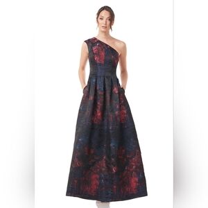 Kay Unger Cara One-Shoulder Jacquard Art Black Tie Party Gown Dress Size 8